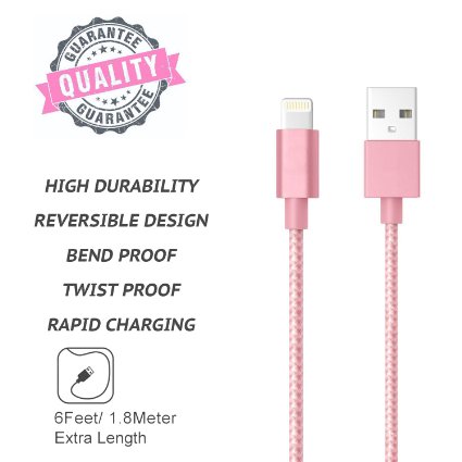 SideTech Nylon Braided Series 6ft 8pin USB Charge and Sync Cable for iPhone SE/5/6/6s/Plus/iPad Mini/Air/Pro (Rose Gold Nylon, USA Seller, SHIPPED IN SAME BUSINESS DAY. Compatible with new iOS)