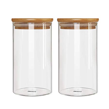IDEALUX Glass Storage Jar,Coffee Bean & Kitchen Food Container with Airtight Seal Bamboo Lid Set of 2,Silicone Seal Ring (26 Ounce)