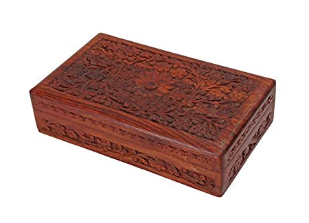 Antique Finished Wooden Jewellery Box Organiser Multipurpose Handcrafted with Floral Carvings by Store Indya