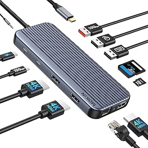 Station d'accueil USB C 3 HDMI, 12 en 1 - Triple écran - Station d'accueil pour ordinateur portable - 3 HDMI avec 10 Gbps - Ethernet - USB A/C 3.1 - USB 2.0 - 100 W PD - Audio & Mic - SD et MicroSD