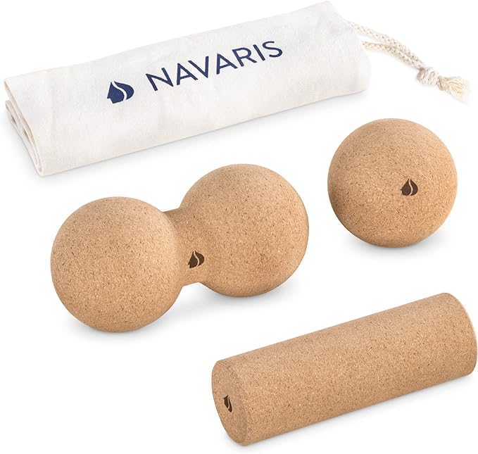 Navaris Cork Massage Set - Rollers for Back and Muscles - Different Sets Available with Choice of Shapes Like Peanut Roller, Massage Ball, Mini Roller