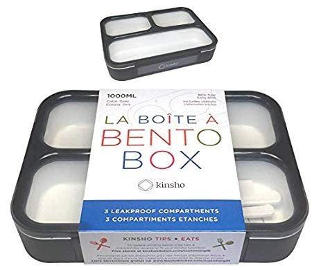 Bento Boxes For Adults | Lunch-box Insulated Bento-box With Three Compartment | Slim Container For Big Kids Teens, Work And School | Eco-friendly Leakproof Divided Containers | Grey - Black