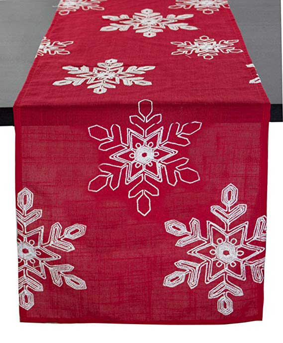 Embroidered White Snowflake Holiday Christmas Red Table Runner. 16"x70" Rectangular. One Piece.