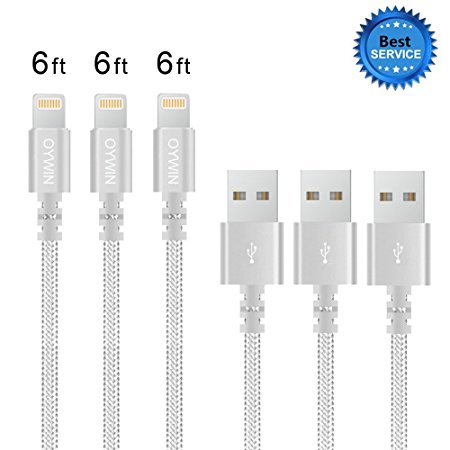Lightning cable, OYWIN 3Pack 6FT Nylon Braided Lightning to USB iPhone Charger Cord with Aluminum Connector for iPhone 7/7 Plus/6s/6s Plus/6/6Plus/5s/5c/5, iPad/iPod (Silver)