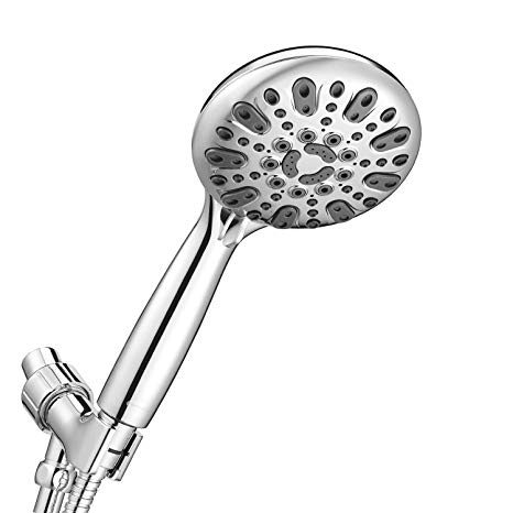Couradric Handheld Shower Head, 6 Spray Setting High Pressure Shower Head with Brass Swivel Ball Bracket and Extra Long Stainless Steel Hose, Chrome, 5"