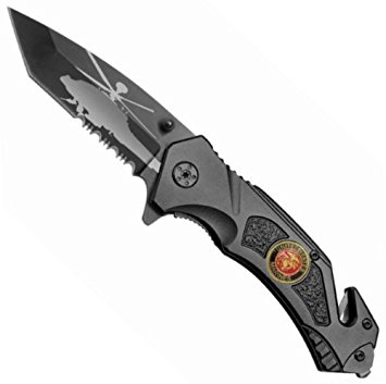 Rogue River Tactical Black U.S. Marines Spring Assist Rescue Pocket Knife Helicopter Tanto Blade with Glass Breaker & Seat Belt Cutter USMC Marine