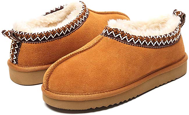 Leather Moccasin Slippers for Men Women, Suede Faux Fur Lined Anti-Skid Slip On Cozy House Shoes, Couples Fluffy Fuzzy Winter Indoor Outdoor Snow Bootie Boots