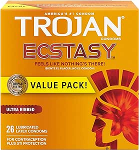 Trojan Ultra Ribbed Ecstasy 26 Count & Trojan Extended Pleasure Climax Control 12 Count Condom Bundle