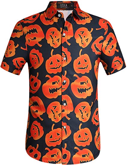 SSLR Men's Fun Pumpkins Button Down Short Sleeve Halloween Shirt