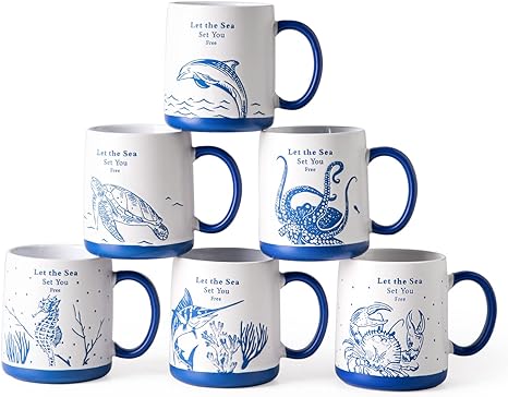 AmorArc Large Coffee Mugs Set of 6, 18oz Ceramic Coffee Cups with Sea Life Textured Patterns for Tea Latte Cocoa. Easy to Hold&Clean, Dishwasher&Microwave Safe, Matt White