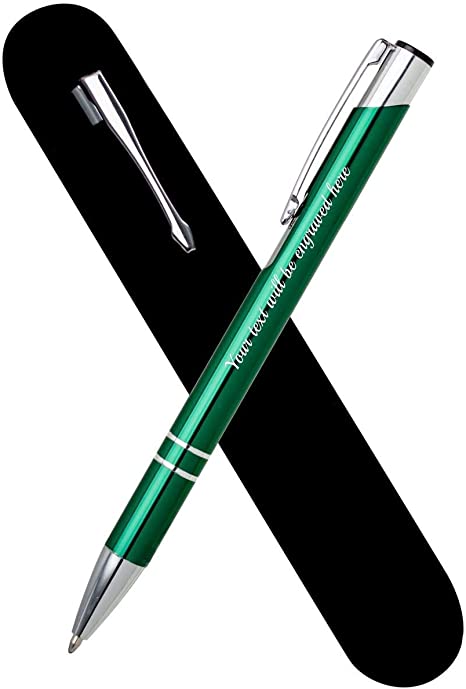 Personalised Engraved Metal Ballpoint Pen Comes In Velvet Pouch Blue Plus Black Ink Refill - Enter Your Custom Text (Green)