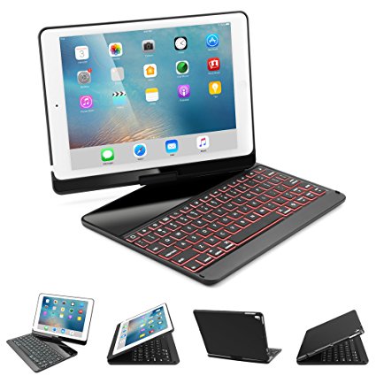 iPad Keyboard Case for 2017 New iPad 9.7, iPad pro 9.7, iPad Air, iPad Air 2, SENGBIRCH 7 Colors Backlit Bluetooth Keyboard Case Folio Smart 360 Rotate Stand Cover Apple Tablet 9.7, Black