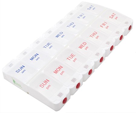 7 Day AM PM Push Button Weekly Pill Organizer Case Box Holder Dispenser for Your Supplements and Pills, Large Size by SURVIVE! Vitamins