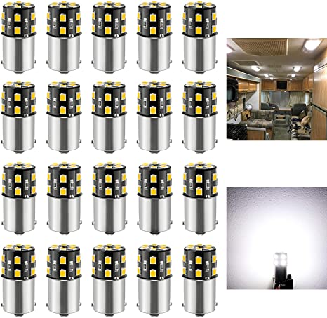 BRISHINE 20PCS 1141 1156 Interior LED Light Bulbs for RV, Super Bright 18-SMD 4500K Natural White 1073 1003 7506 BA15S LED Bulbs for Camper Trailer Boat Indoor Lights(12V DC)