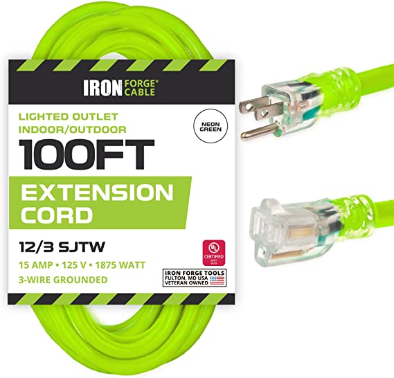 100 Foot Outdoor Extension Cord - 12/3 SJTW Neon Green High Visibility 12 Gauge Lighted Extension Cable with 3 Prong Grounded Plug for Safety