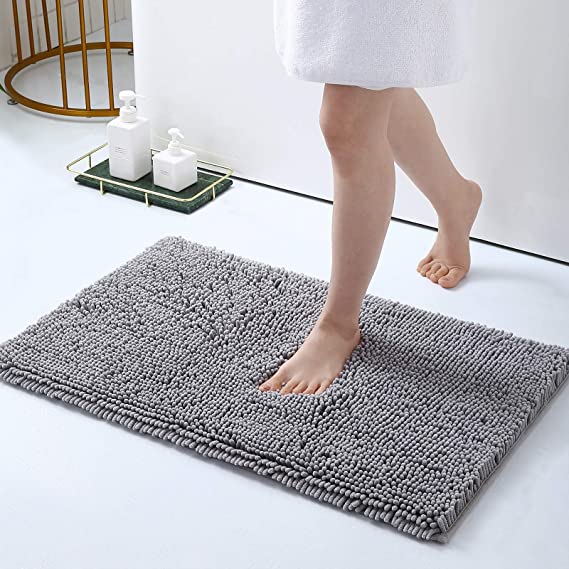 Olanly Luxury Chenille Bathroom Rugs, Bath Shower Mat Machine Wash Dry, Non Slip Absorbent Shaggy Bath Rug for Tub, Shower and Bath Room 17" x 24", Light Grey