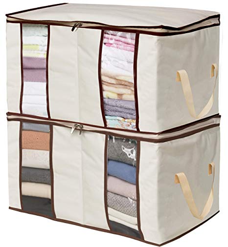 MISSLO Clothing Storage Bags 2 Divided Sections Closet Organizers for Clothes Blankets Linens (Beige)