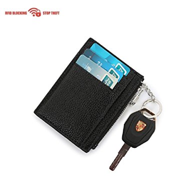 RFID Blocking Leather Slim Zipper Credit Card holder Wallet Card Case Purse