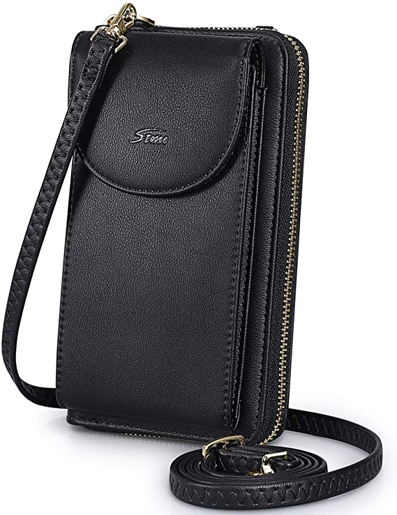 S-ZONE PU Leather RFID Blocking Cellphone Wallet Clutch Purse Zippered Crossbody Bag Phone Pouch (Black)