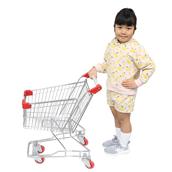 Emmzoe “The Little Shopper” Real Life Kids Mini Retail Grocery Shopping Cart Toy (Chrome Frame)