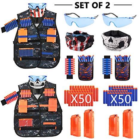 MIBOTE [2 Packs] Kids Tactical Vest Kit for Nerf Guns N-Strike Elite Series Gun Wars with Refill Darts, Reload Clips, Dart Pouch, Tactical Mask, Wrist Band and Protective Glasses for Boys/Girls