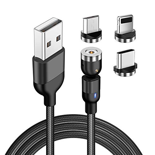 360° USB Magnetic Charging Cable with 3 adapters for All Smartphones (Black)