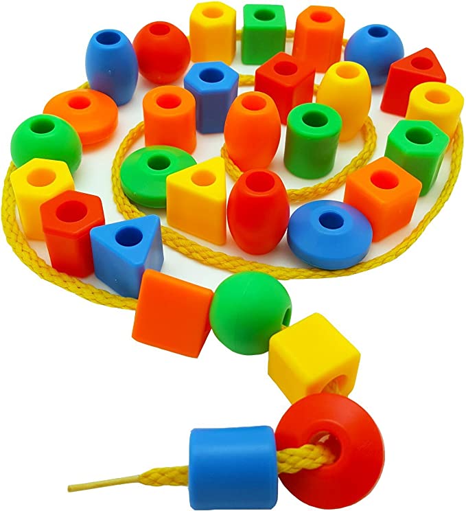 30 Jumbo Toddler Lacing & Stringing Beads with String & Tote - Montessori Preschool Fine Motor Skills Toys for Occupational Therapy and Autism OT