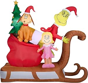 9FT Airblown Inflatable Grinch w/Max and Cindy Lou Who on Sleigh Scene Inflatable Chrsitmas Decor