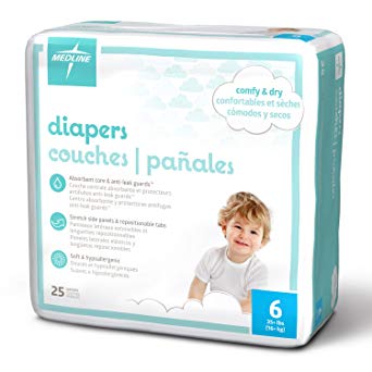 Medline MBD2006Z Baby Diapers, Size 6, 35  lb. (Pack of 25)