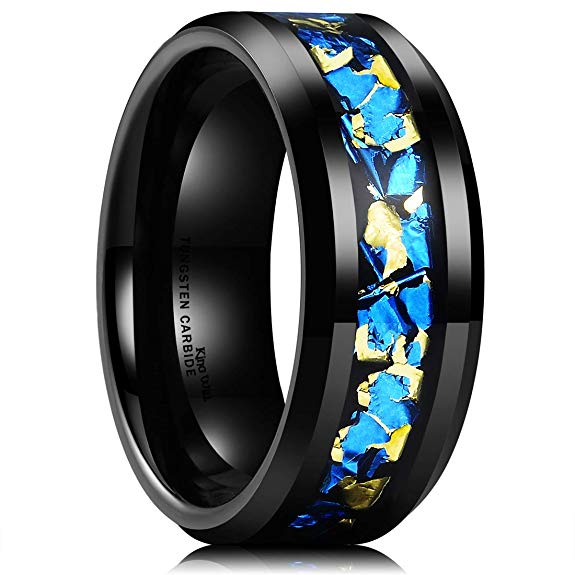 King Will Nature Mens 8mm Black Tungsten Carbide Wedding Ring with Blue and Gold Foils Inlay Beveled Edge