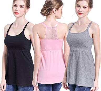 CAKYE 3PACK Nursing Tops Maternity Tank Cami Bra Breastfeeding Sleep Shirt