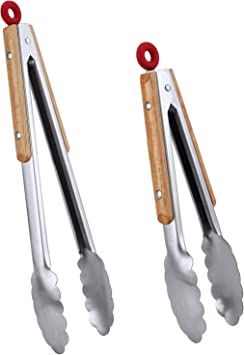 Premium Stainless Steel Kitchen Tongs Set of 2 - 9" and 12" Barbecue Tongs,Locking Metal Food Tongs with Acacia Wood Grips for Pans and BBQ