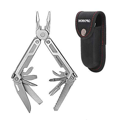 WORKPRO Multitool Knife with Sheath, 15-in-1 Locking Blade Pocket Tool Pliers Saw Cutters for EDC, Heavy Duty Stainless Steel Utility Tools