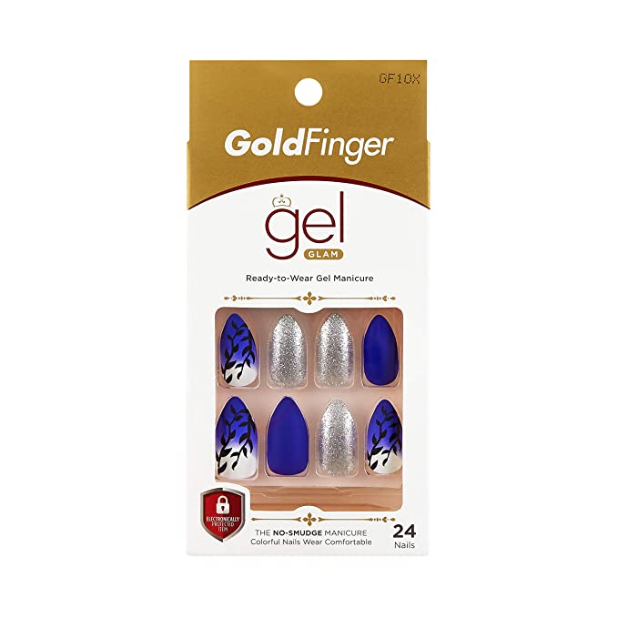 Kiss Gold Finger Gel Glam 24 Glue-On False Nails Blue Silver Flower Glitter Finish Long Stiletto Style