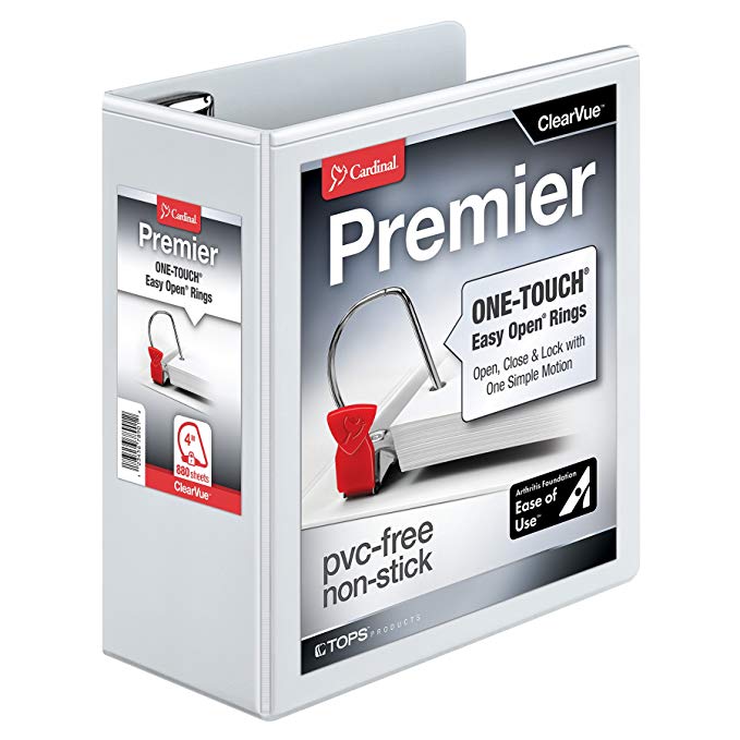 Cardinal Premier Easy Open 3-Ring Binder, 4", ONE-TOUCH Easy Open Locking Slant-D Rings, 880-Sheet Capacity, ClearVue Cover, PVC-Free, White (10340CB)