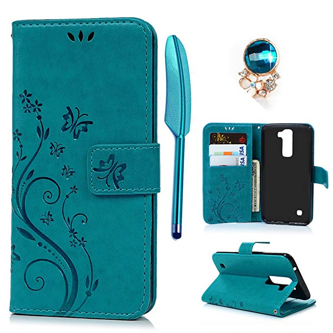 MOLLYCOOCLE LG K10 Case, Wallet Case Premium PU Leather Embossed Butterfly Flower Pattern Soft TPU Inner Bumper Skin Phone Cover Case for LG K10 (2016) - Blue