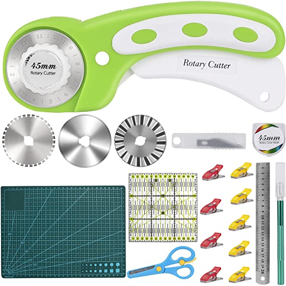 XREXS Fabric Rotary Cutter Set - 45mm Cutter Kit with A4 Cutting Mat, Craft Knife Set, 5 Replacement Blades, Patchwork Ruler, 10 Craft Clips, Sewing Rotary Cutter for Sewing and Crafting