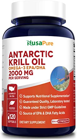 Antarctic Krill Oil 2000 mg 120 Softgels | Omega-3 EPA 360mg, DHA 240mg, with Astaxanthin Supplement Sourced from Krill 800ppm | Maximum Strength