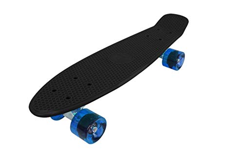 Vinsani Retro Cruiser Plastic Fun Skateboard 22" X 6" Available In Various Deck Colours with Transparent & Solid Wheel Colours(BLACK DECK   BLUE TRANSPARENT WHEELS) & Free Carry Case