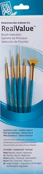 Princeton Art & Brush P9170 Real Value Brush Set, Synthetic Gold Taklon, Round 3/0, Liner 20/0, Fan 12/0, ANG 0