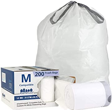 Plasticplace Trash Bags │ Simplehuman Code M Compatible (200 Count) │ White Drawstring Garbage Liners 12 Gallon / 45 Liter │ 21.5" x 30.75"