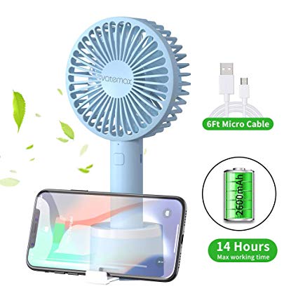 Mini Handheld Fan,Vatemax Rechargeable 2600mAh Personal Fan 3 Speeds Portable Fan Strong Airflow Desktop Fan with Base Plus 6ft USB Cable for Home,Office,Travel,Outdoor,Disney,Football Game Use (Blue)