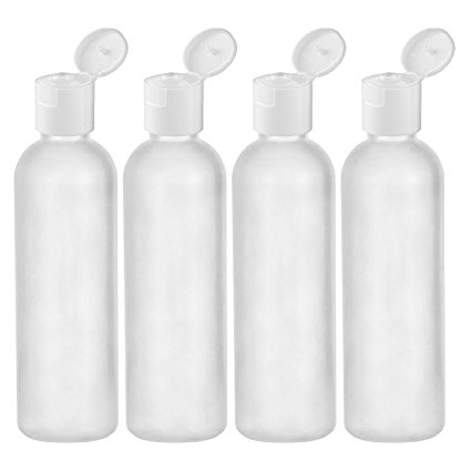 MoYo Natural Labs 4 oz Travel Bottles, Empty Travel Containers with Flip Caps, BPA Free HDPE Plastic Squeezable Toiletry/Cosmetic Bottles 20-410 Neck (4 pack, Translucent White)