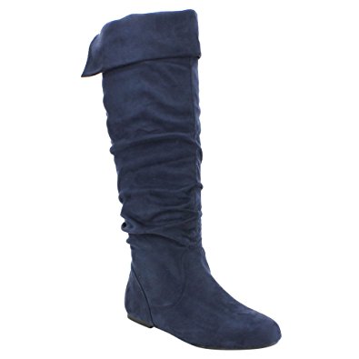 DA VICCINO TOP-01 Women's Slouch Side Zipper Flat Fold Cuff Knee High Boots