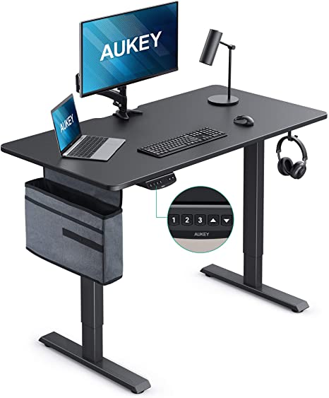 AUKEY Electric Standing Desk【Dual Motors】 5 Minutes Installation Height-Adjustable Desk with 48 x24 inch Whole-Piece Top,Sitting or Standing Office Workstation, Black