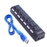 Tiwkich High Speed 7 Port USB 30 Hub USB Compact charging power hub with Individual Power onoff Switches and LEDs indicator lights Travel Home USB Sync ports for Laptop PC Notebook Cellphone Tablet etc --Black