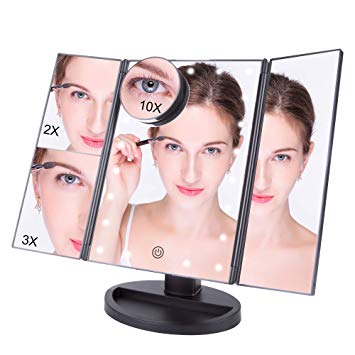 Makeup Mirror Lighted Makeup Vanity Mirror with 21 LED Lights, 3X/2X Magnification and Detachable 10X magnifying mirror,Tri-flod LED Makeup Mirror with touch screen (Black)