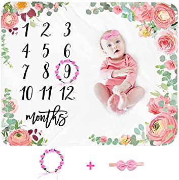 Baby Monthly Milestone Blanket Girl - Floral Newborn Month Blanket Personalized Shower Gift Soft Plush Fleece Photography Background Photo Prop Large Flower Blanket with Wreath Headband