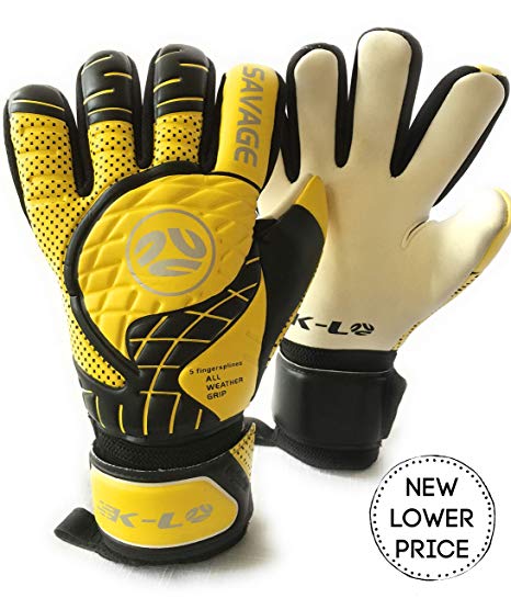 FINGERSAVE Goalkeeper Gloves by K-LO - The Savage Goalie Glove Has Fingersave Protection in All 5-Fingers to Prevent Injury and Improve Shot Blocking. Super Sticky Palms.Youth &Adult Sizes. Yellow.