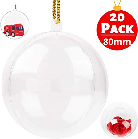 BETTERLINE 20 Clear Fillable Christmas Ball Ornaments - Fill with Toys or Surprises for Decor, Xmas Tree, Birthdays, Parties, Events (20 Balls - 80 mm / 3.15")